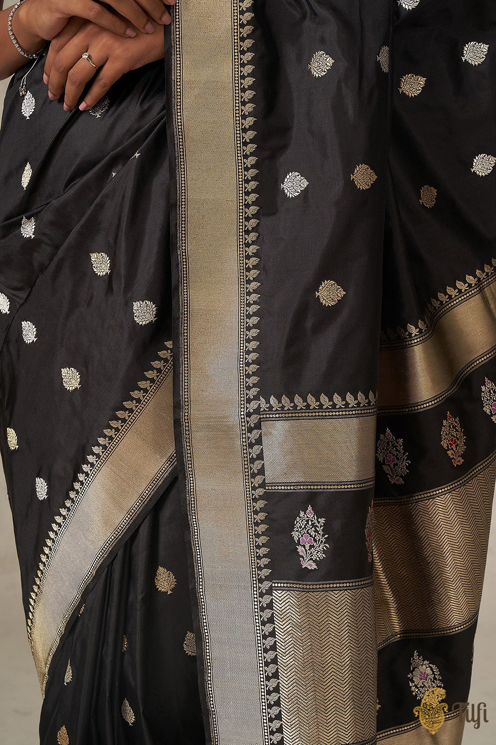 &#39;Katyayani&#39; Black Pure Katan Silk Banarasi Handloom Saree