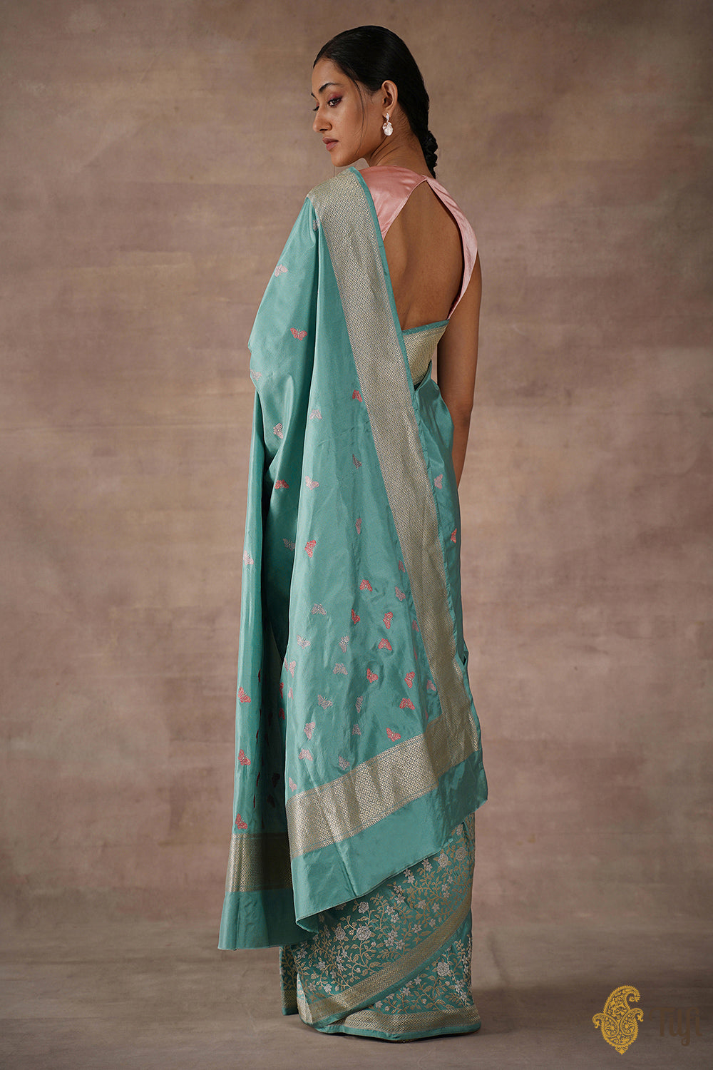 Pre-Order: &#39;Spring Butterflies&#39; Blue Pure Katan Silk Banarasi Handloom Saree