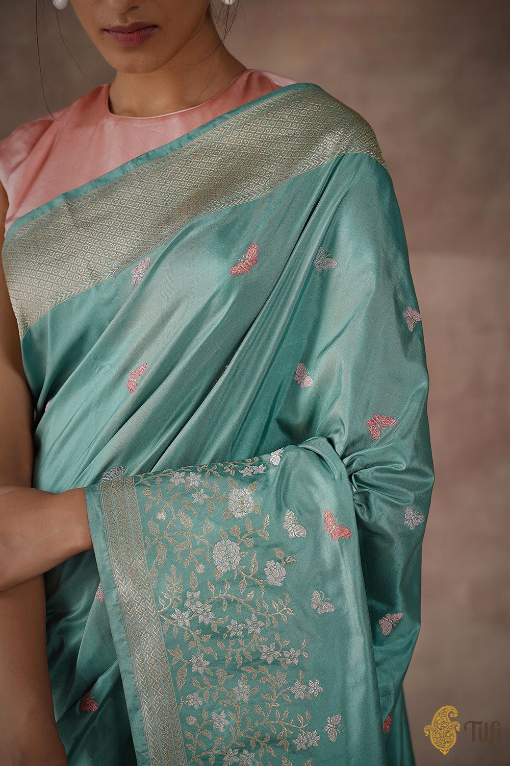 Pre-Order: &#39;Spring Butterflies&#39; Blue Pure Katan Silk Banarasi Handloom Saree