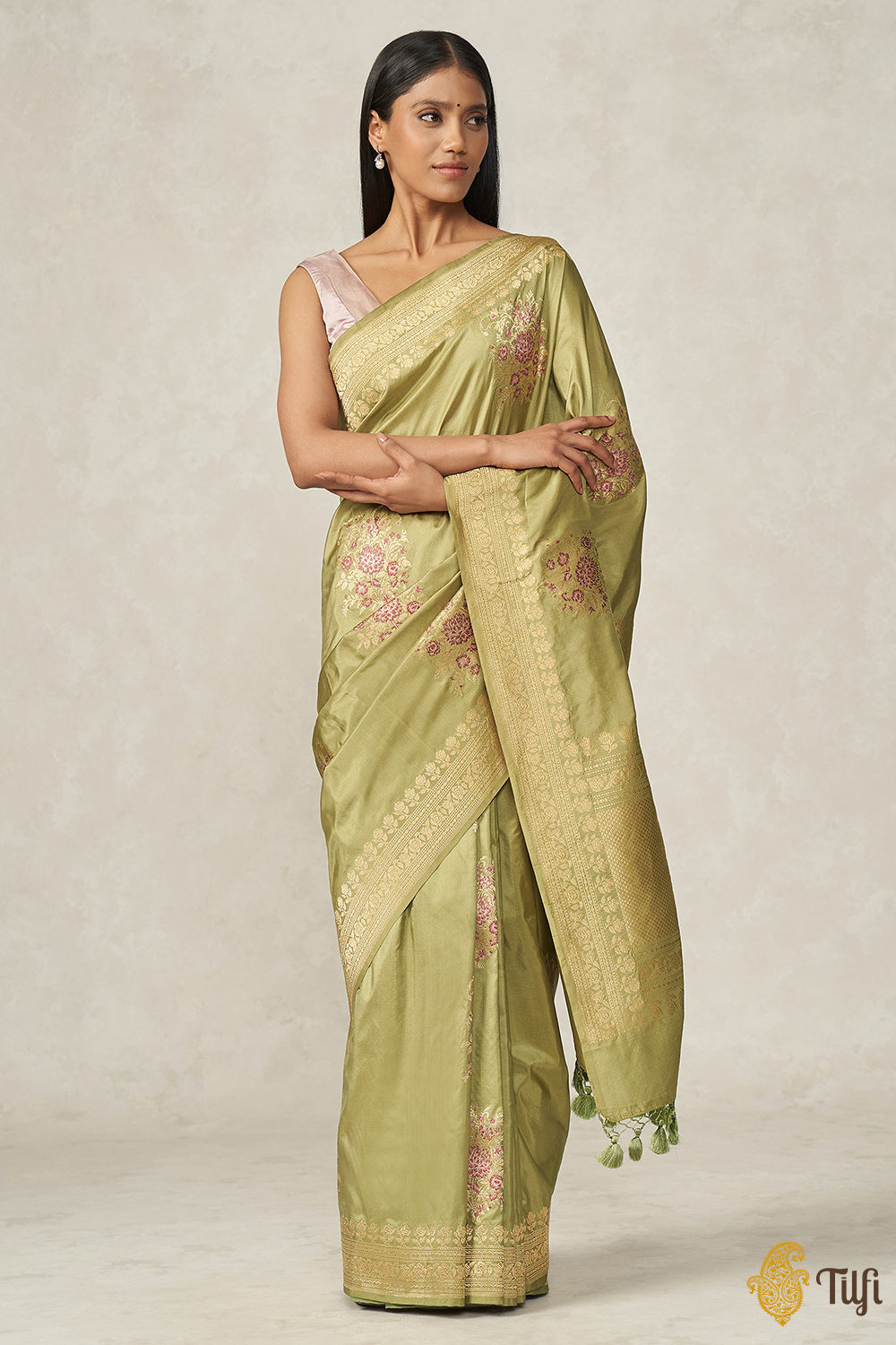 &#39;Guldasta&#39; Sage Green Pure Katan Silk Banarasi Handloom Saree