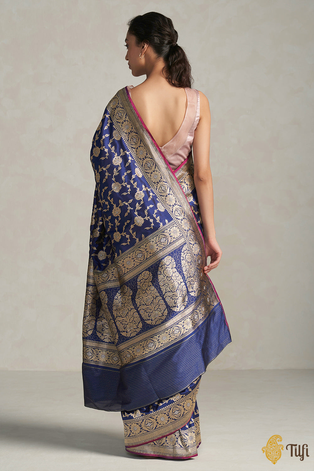 &#39;Arya&#39; Navy Blue Pure Katan Silk Banarasi Handloom Saree