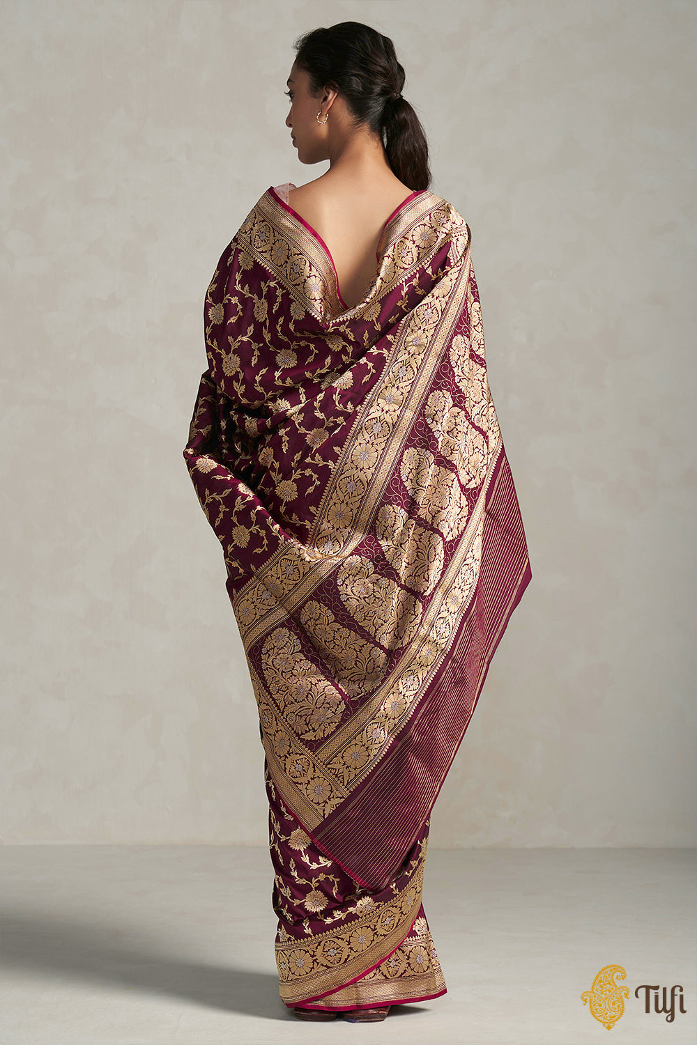 &#39;Arya&#39; Deep Maroon Pure Katan Silk Banarasi Handloom Saree