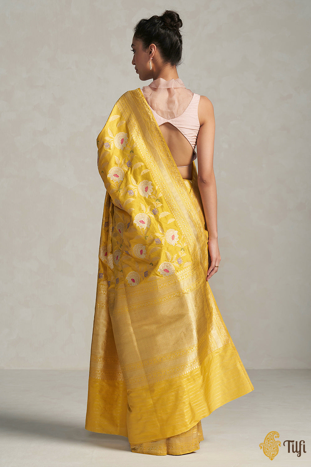 &#39;Enchanted Garden&#39; Yellow Pure Katan Silk Banarasi Handloom Saree