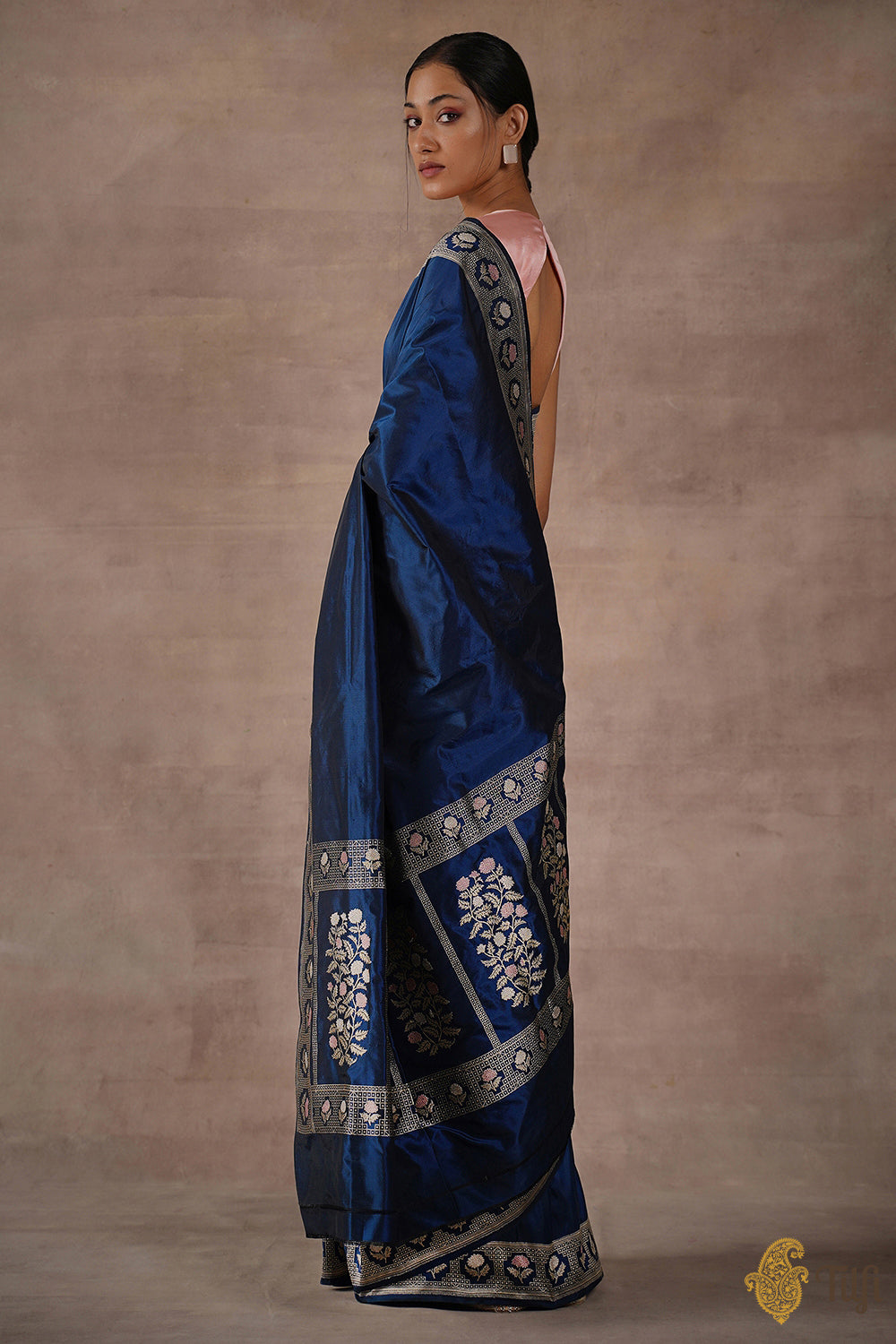 &#39;Immortal Blossoms&#39; Midnight Blue Pure Katan Silk Banarasi Handloom Saree