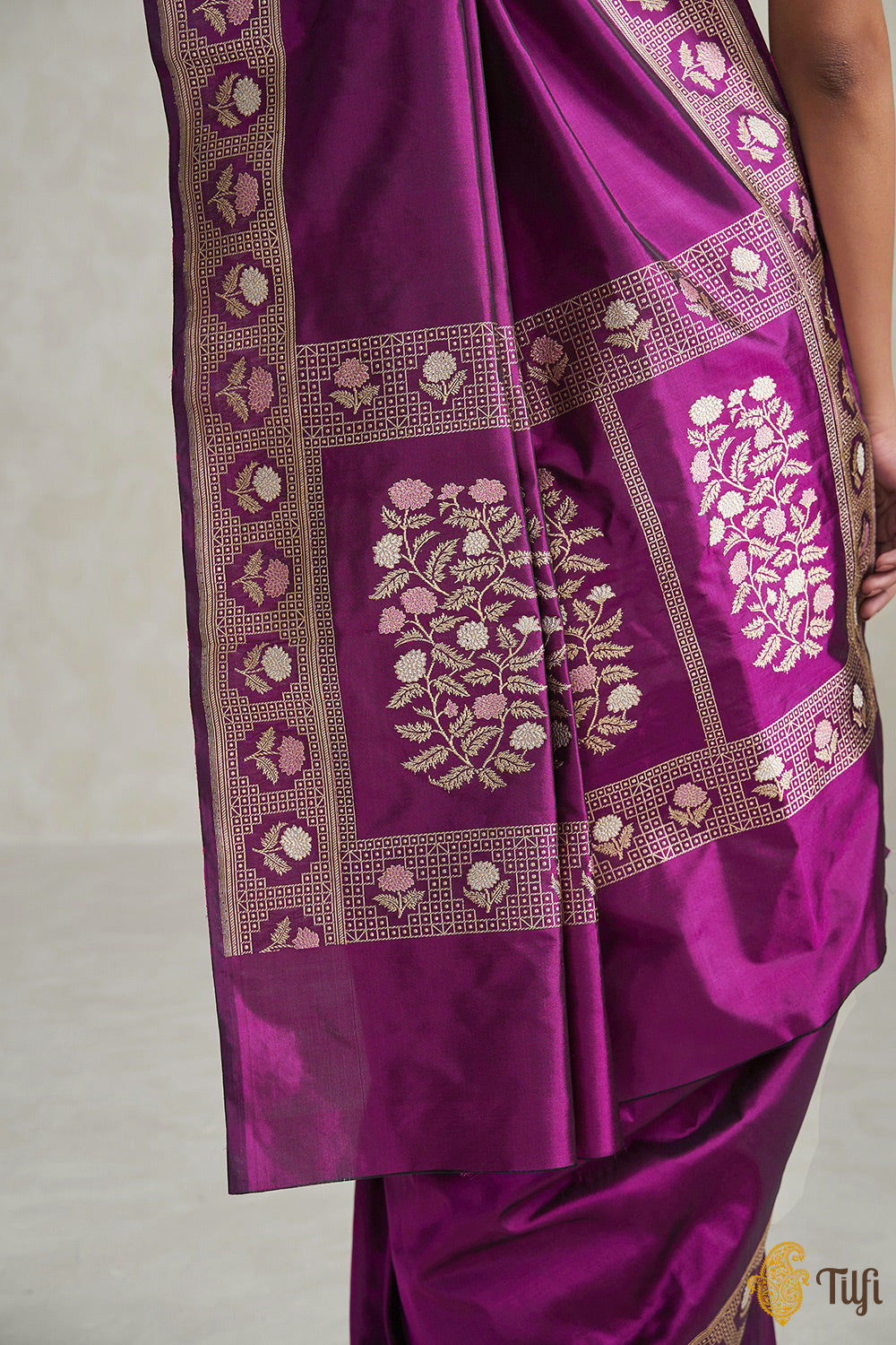 &#39;Immortal Blossoms&#39; Deep Magenta Pure Katan Silk Banarasi Handloom Saree