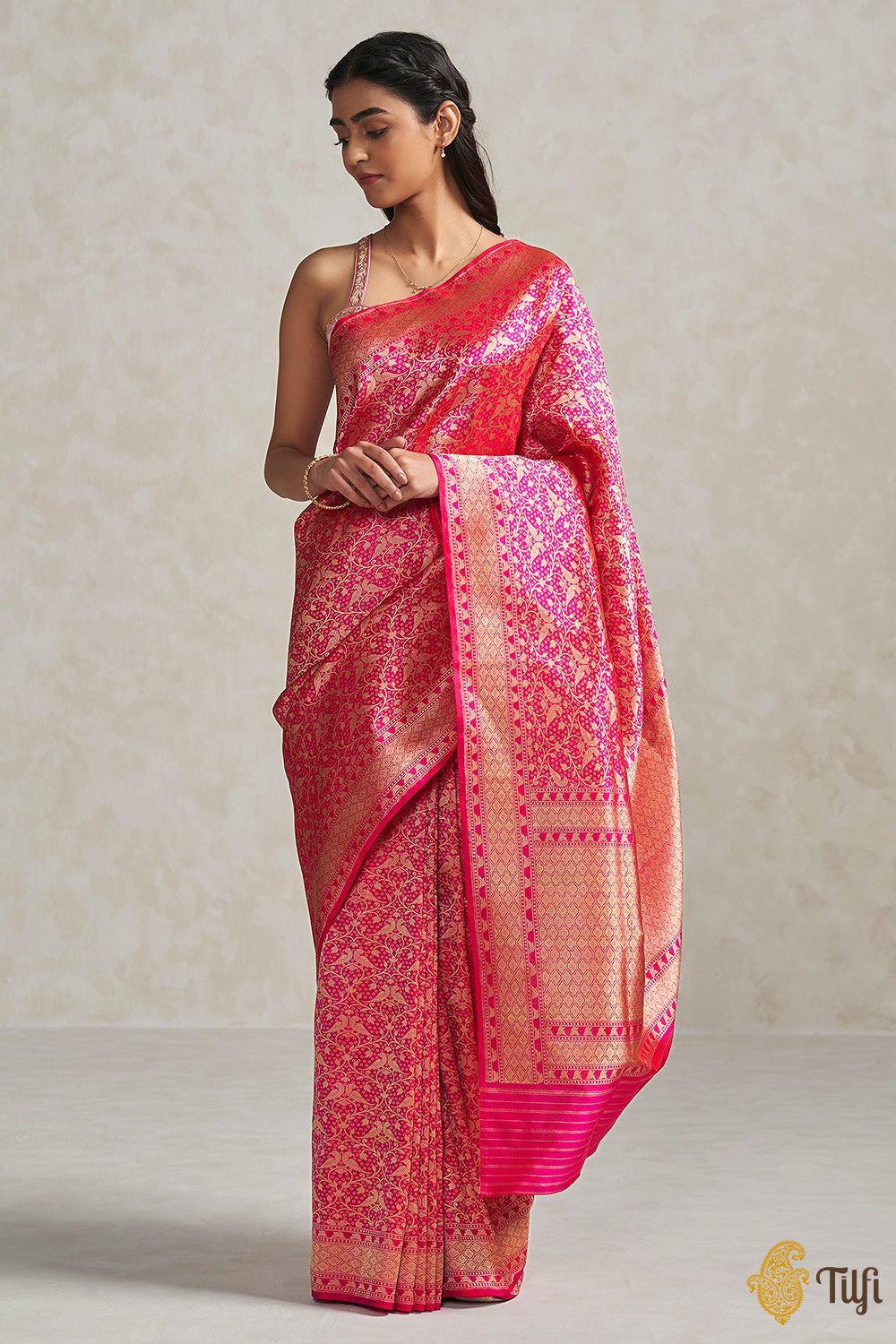 &#39;Sarika&#39; Red-Rani Pink Pure Katan Silk Banarasi Handloom Saree