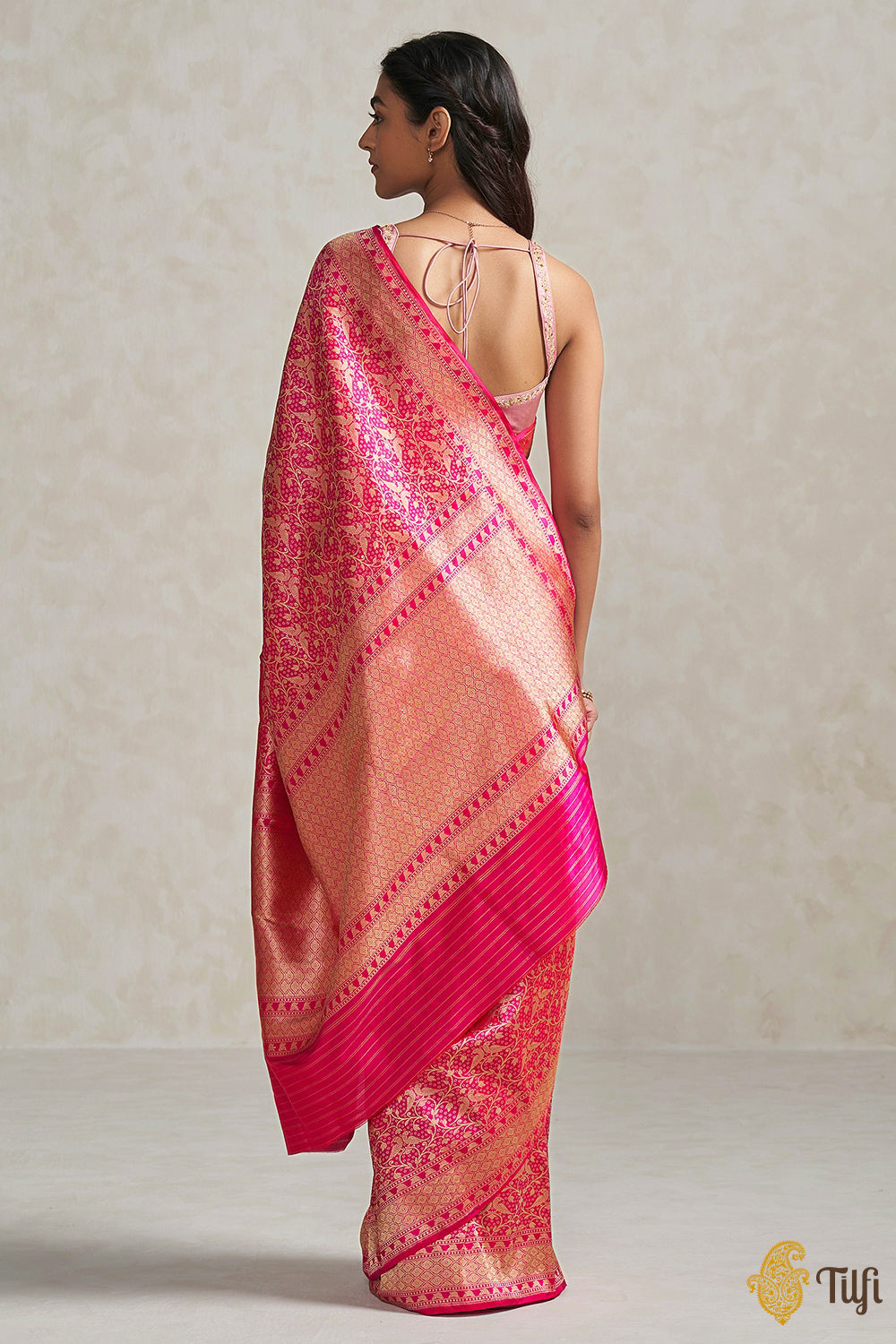 &#39;Sarika&#39; Red-Rani Pink Pure Katan Silk Banarasi Handloom Saree