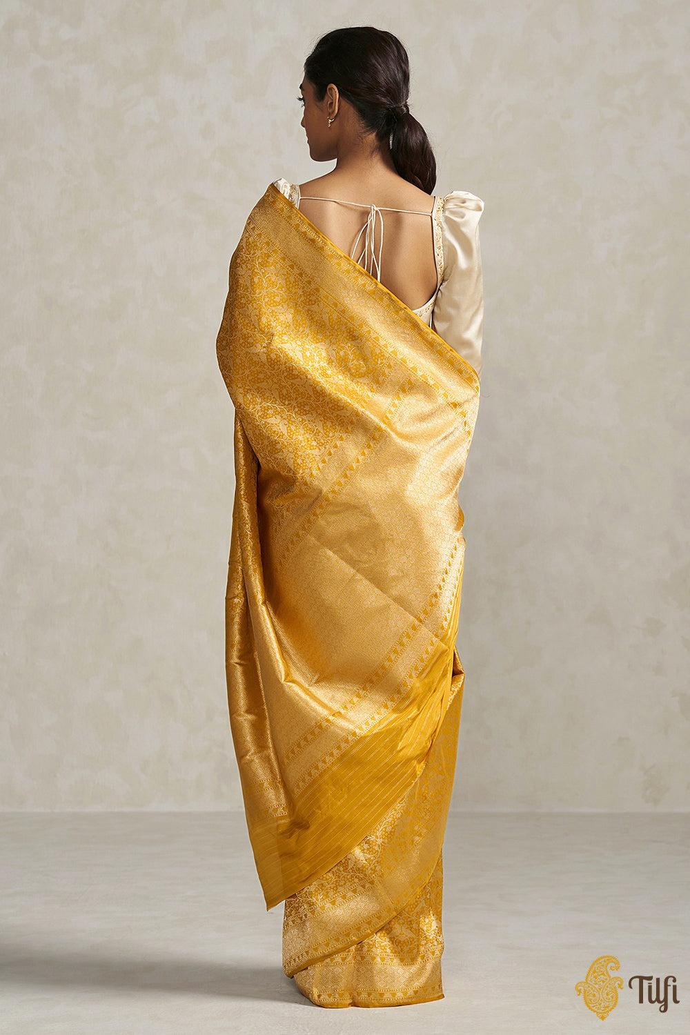 &#39;Sarika&#39; Mustard Yellow Pure Katan Silk Banarasi Handloom Saree