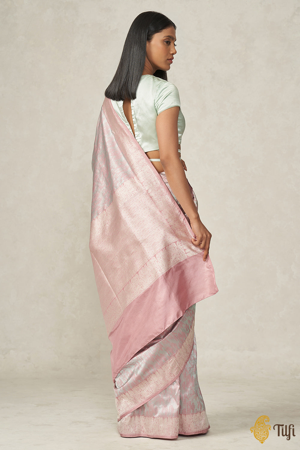&#39;Kumudini&#39; Soft Pink-Baby Blue Pure Katan Silk Banarasi Handloom Saree