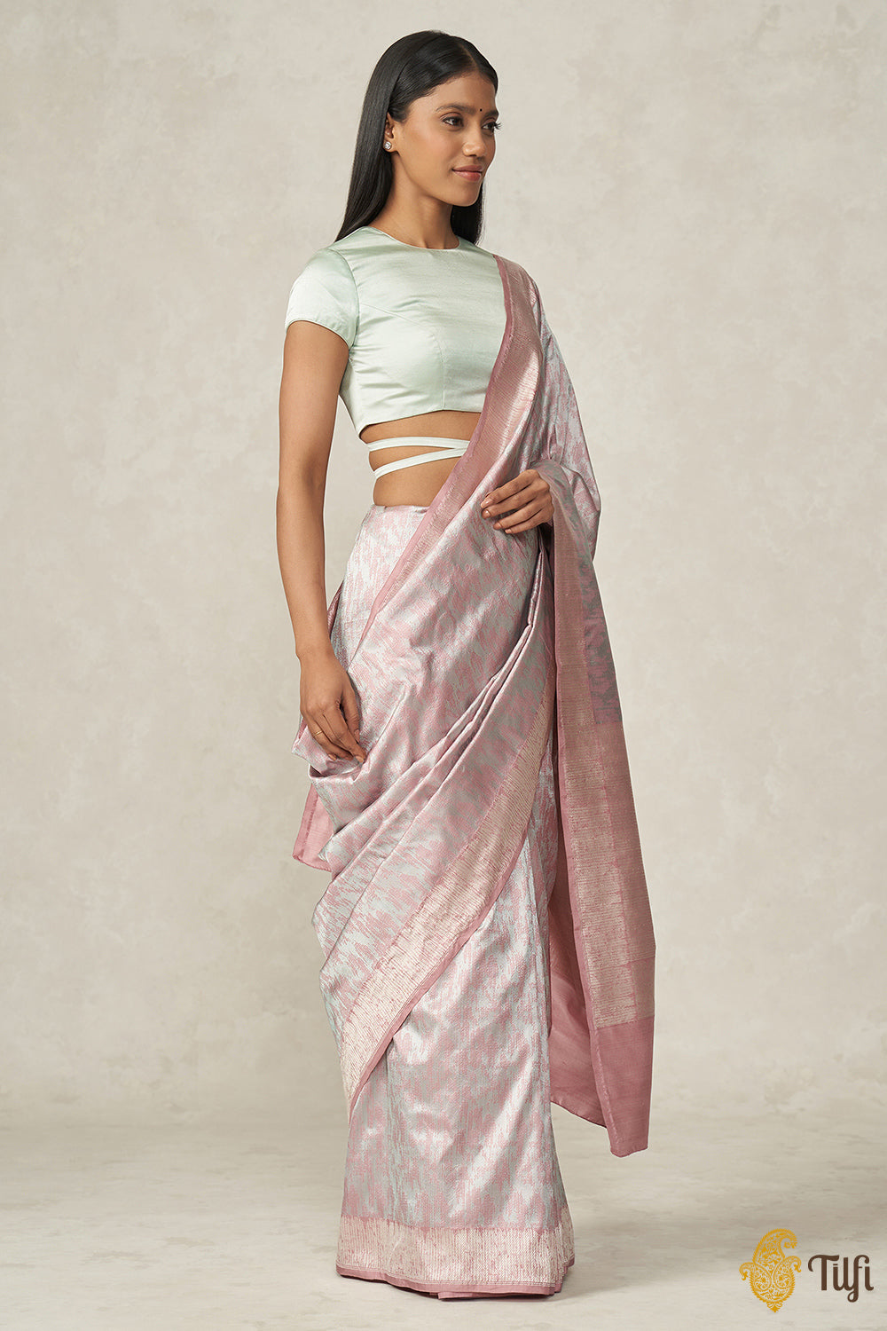 &#39;Kumudini&#39; Soft Pink-Baby Blue Pure Katan Silk Banarasi Handloom Saree