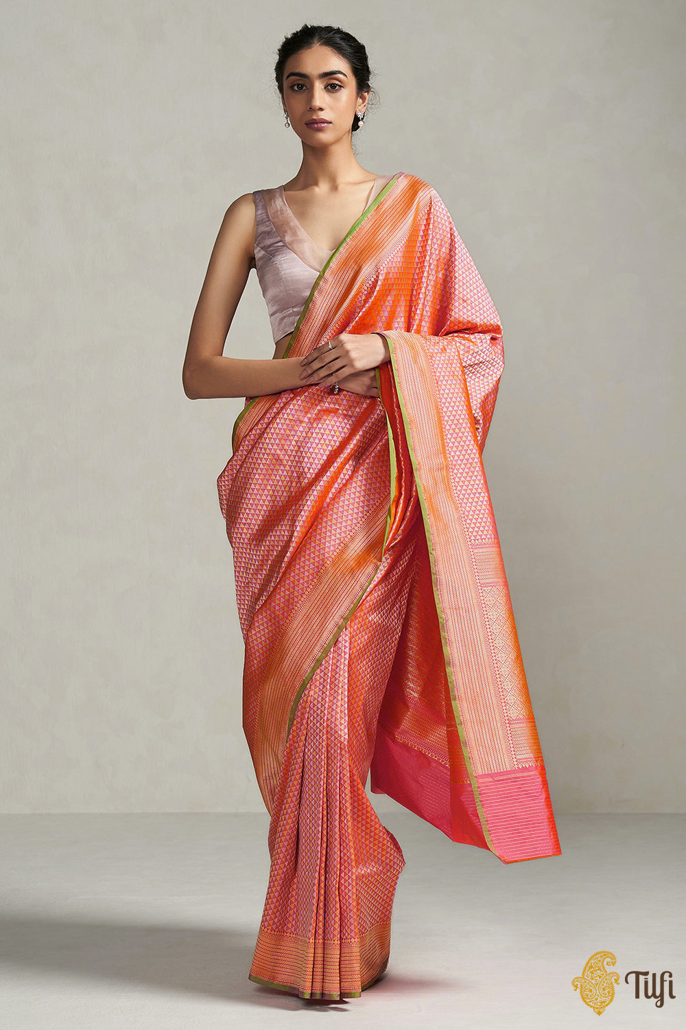 Pre-Order: Orange-Pink Pure Katan Silk Banarasi Handloom Saree