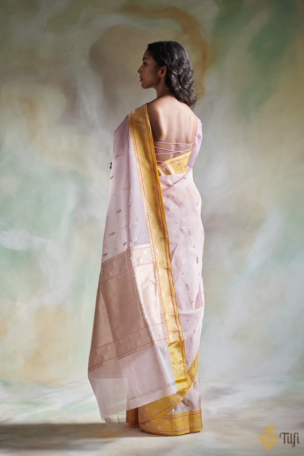 Light Pink-Yellow Pure Kora Silk Banarasi Handloom Saree