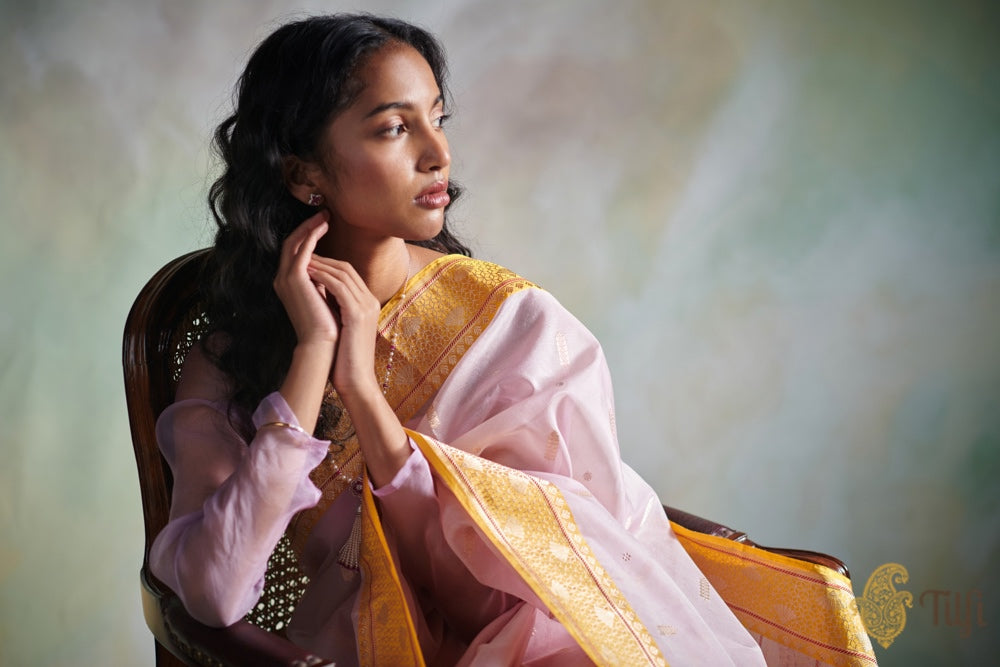 Light Pink-Yellow Pure Kora Silk Banarasi Handloom Saree