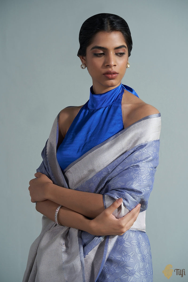 &#39;Rekha&#39; Blue Pure Kora by Cotton Satin Banarasi Handloom Saree