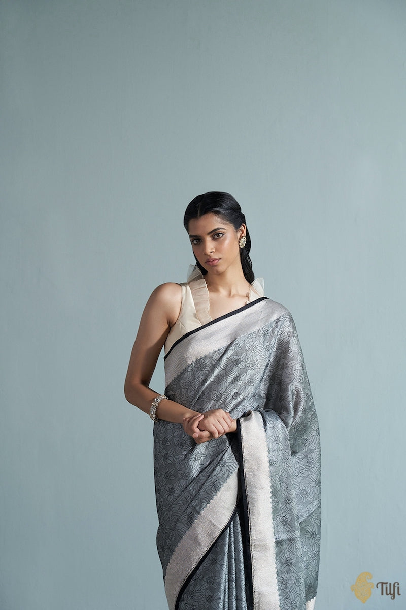 &#39;Rekha&#39; Grey-Black Pure Kora by Cotton Satin Banarasi Handloom Saree