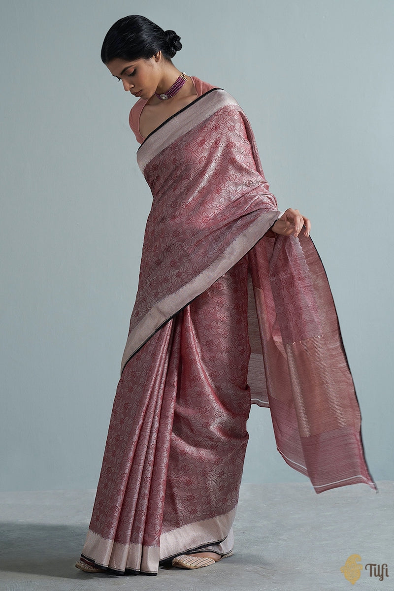 &#39;Rekha&#39; Grey-Maroon Pure Kora by Cotton Satin Banarasi Handloom Saree