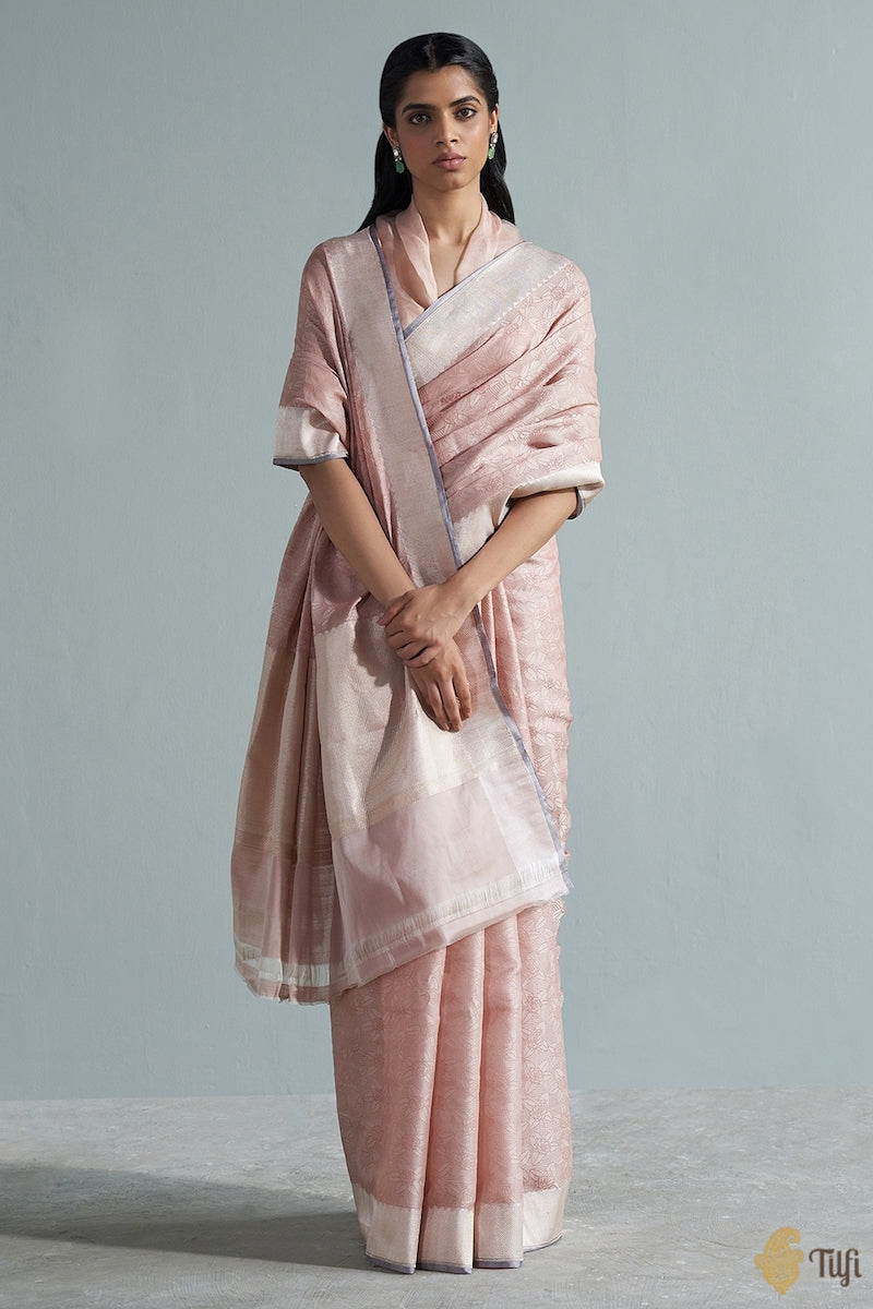&#39;Rekha&#39; Old Rose Pink Pure Kora by Cotton Satin Banarasi Handloom Saree