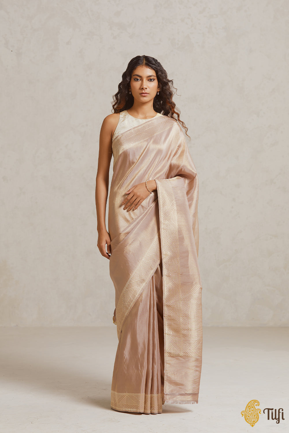 Nude Pink-Gold Pure Ektara Silk Tissue Banarasi Handloom Saree
