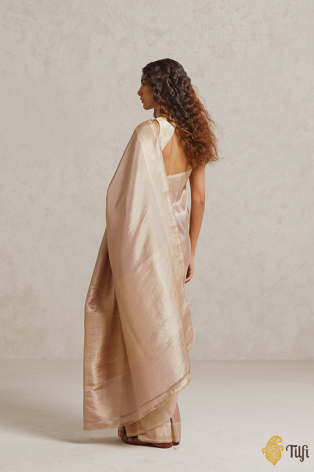 Nude Pink-Gold Pure Ektara Silk Tissue Banarasi Handloom Saree