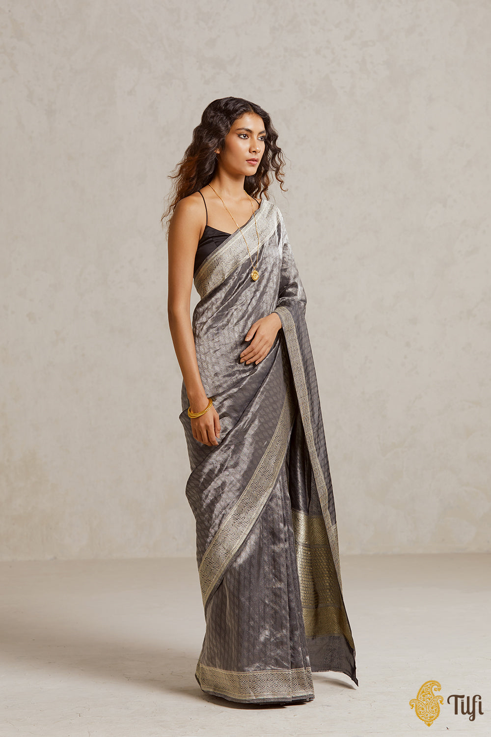Black-Silver Pure Katan Silk Tissue Banarasi Handloom Saree
