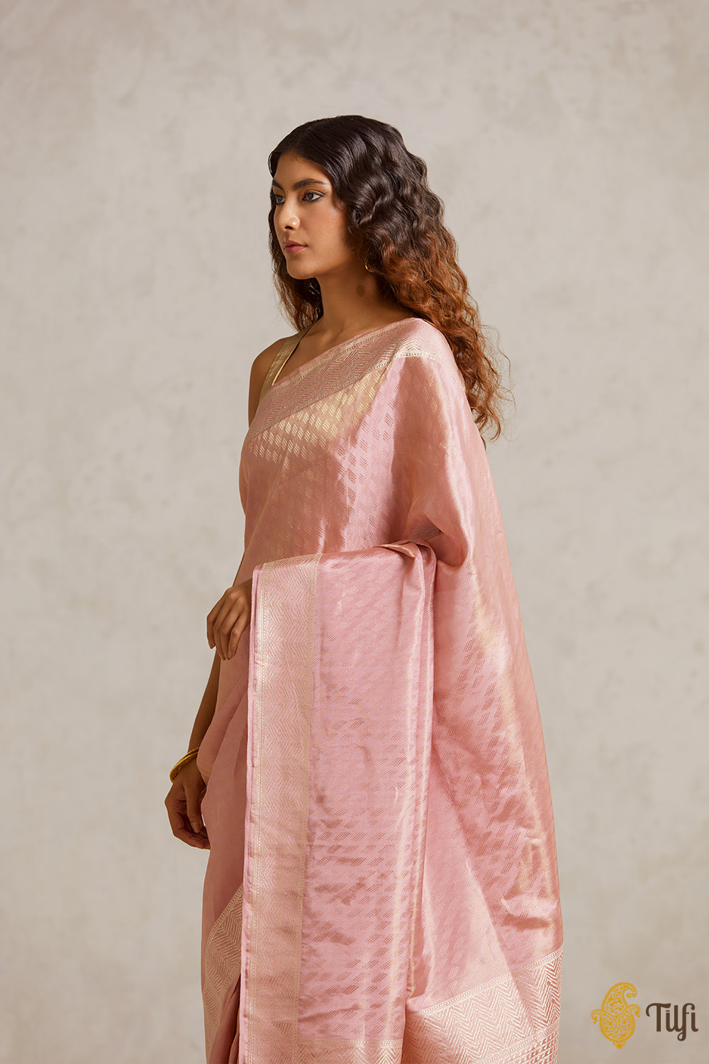 Pink-Gold Pure Katan Silk Tissue Banarasi Handloom Saree