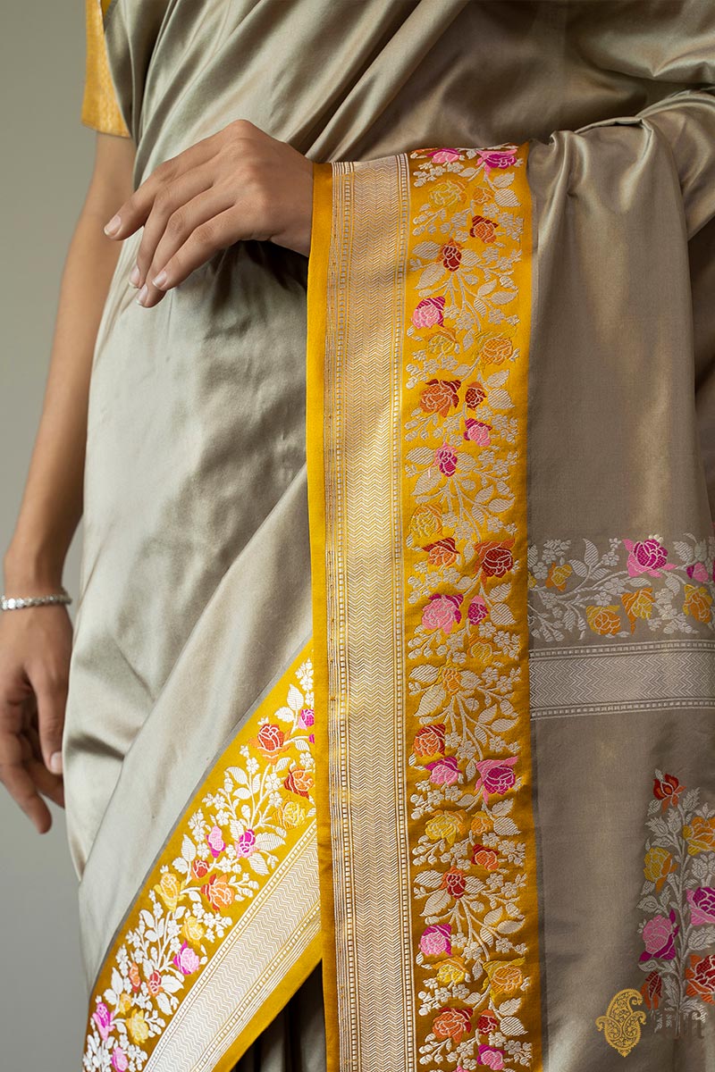 Pre-Order: Taupe Grey-Yellow Pure Katan Silk Banarasi Handloom Saree