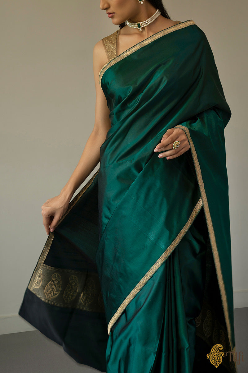 Deep Teal Green Pure Satin Silk Banarasi Handloom Saree