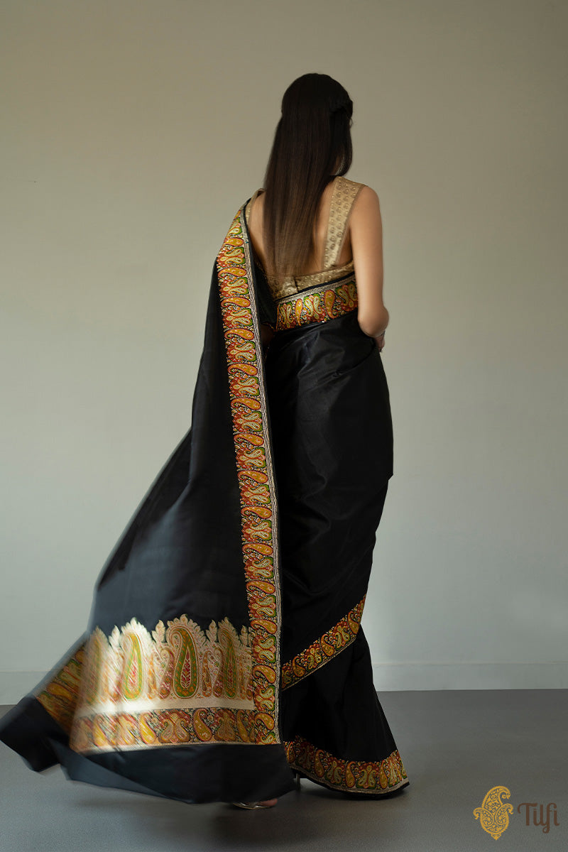 Black Pure Soft Satin Silk Banarasi Handloom Saree