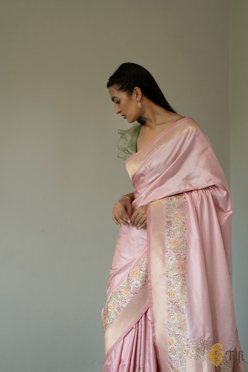 Light Rose Pink Pure Katan Silk Banarasi Handloom Saree