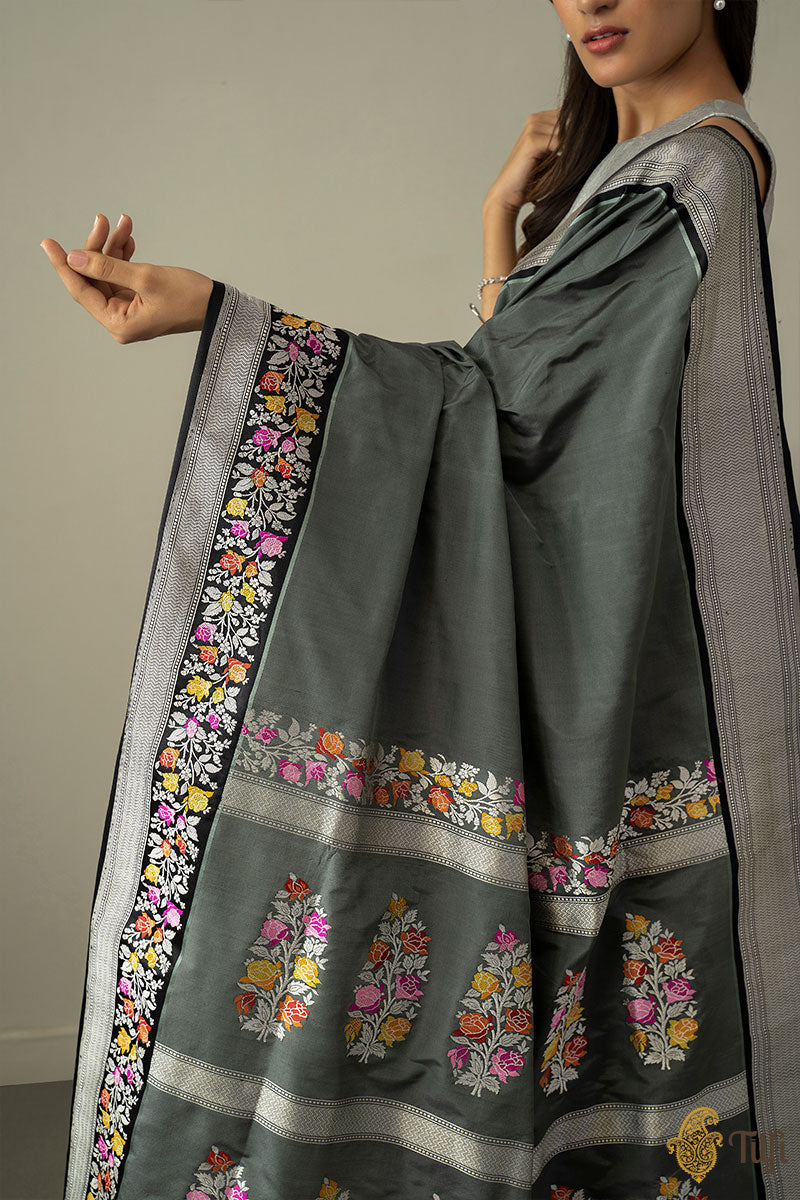 Gray-Black Pure Katan Silk Banarasi Handloom Saree
