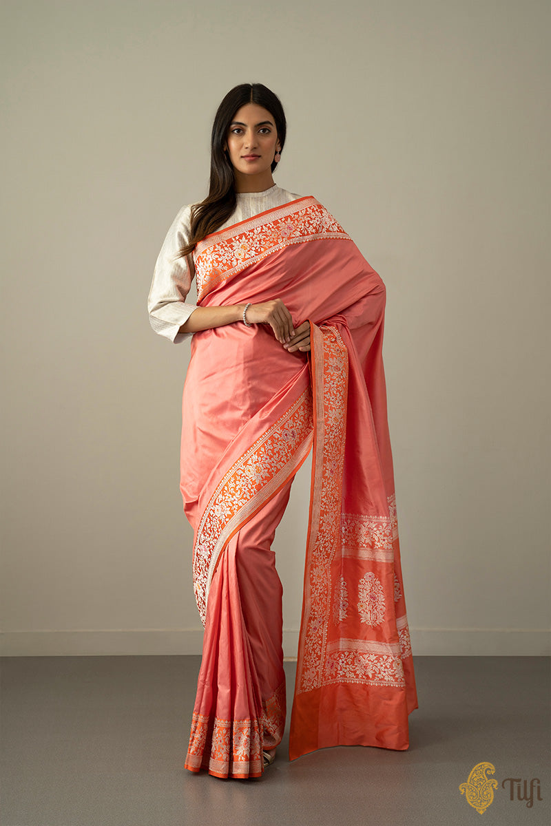 Pink-Orange Pure Katan Silk Banarasi Handloom Saree