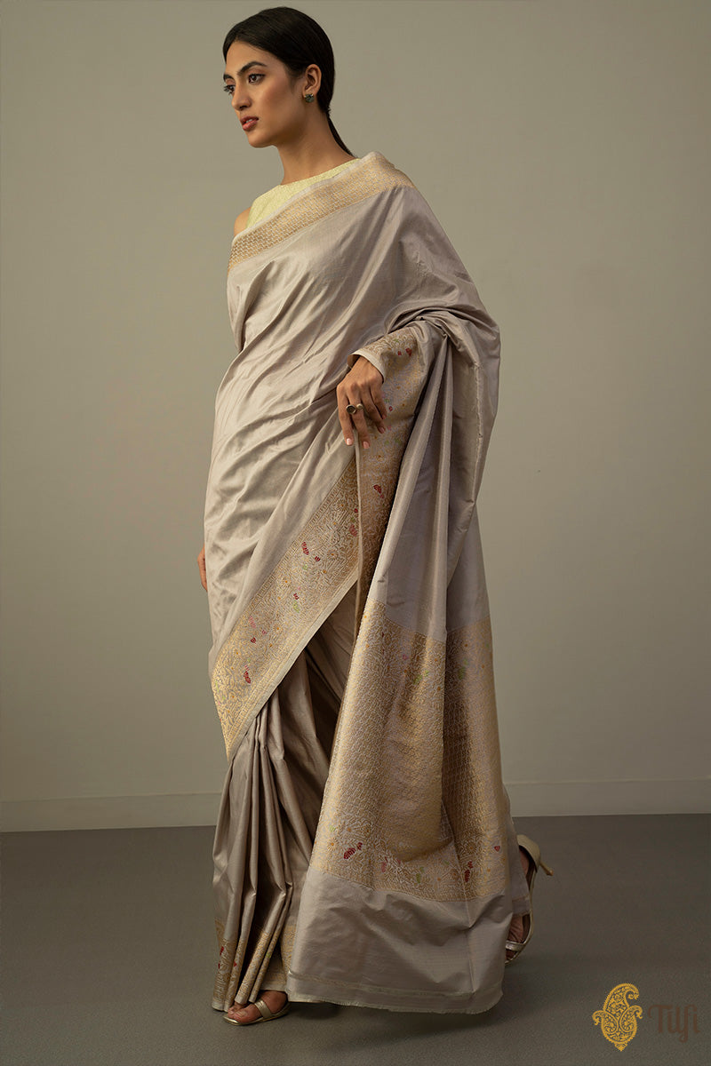 &#39;Hunar&#39; Grey Pure Katan Silk Banarasi Handloom Saree