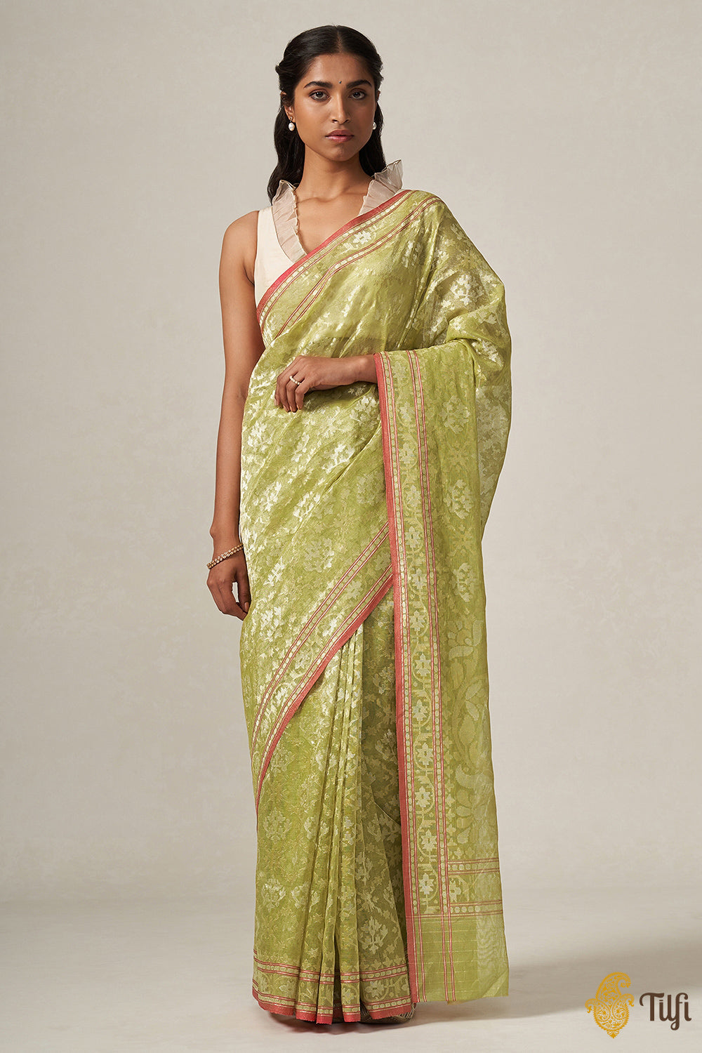 &#39;Kairavi&#39; Pastel Lemon Green Pure Cotton Tissue Real Zari Banarasi Handloom Saree