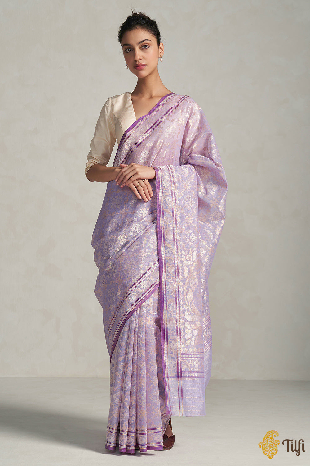 Pre-Order: &#39;Kairavi&#39; Lavender Pure Cotton Tissue Real Zari Banarasi Handloom Saree