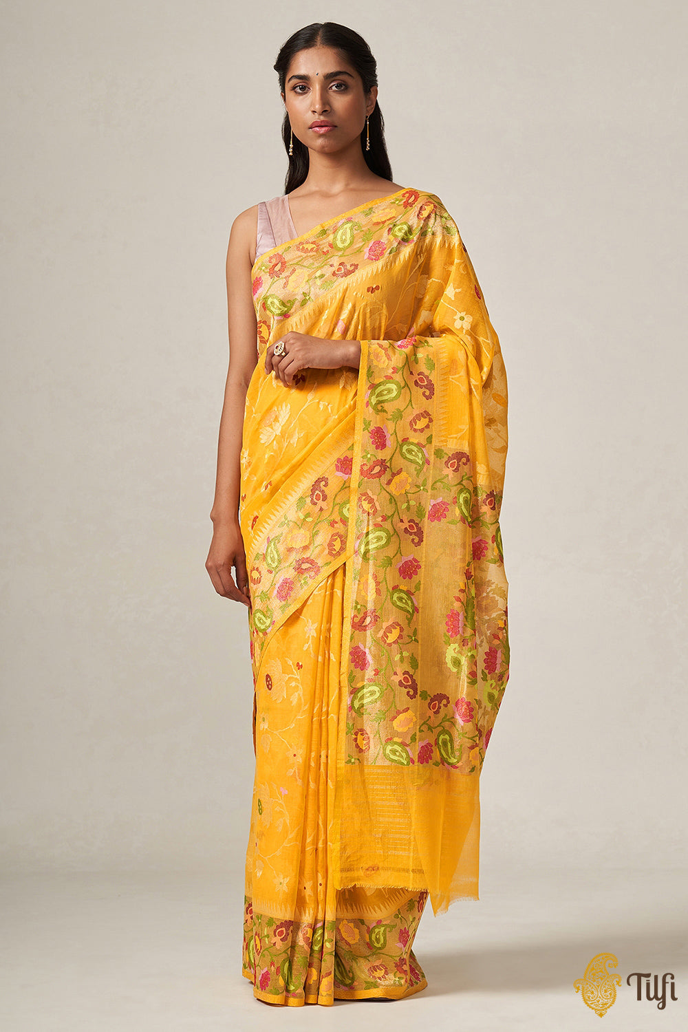 &#39;Phalguni&#39; Yellow Pure Cotton Real Zari Banarasi Handloom Saree