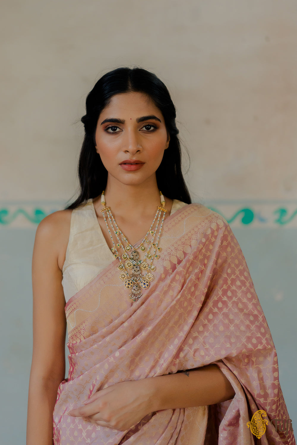 &#39;Nasrin&#39; Pink Pure Katan Silk Georgette Real Zari Banarasi Handloom Saree