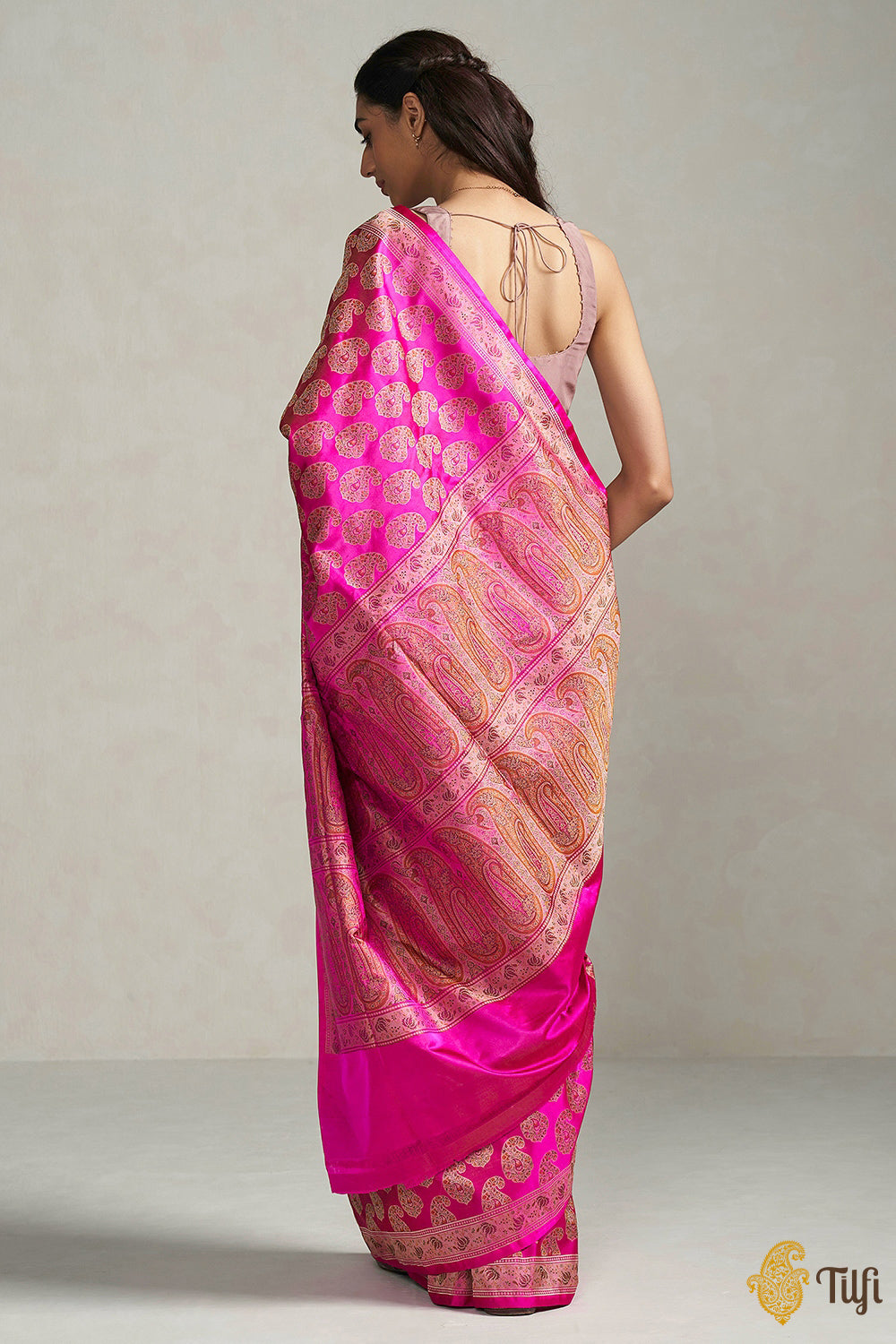 Pre-Order: Rani Pink Pure Soft Satin Silk Tanchoi Jamawar Banarasi Handloom Saree