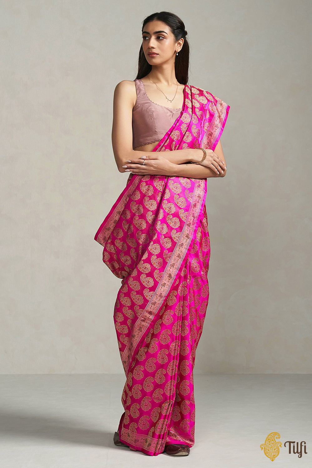 Rani Pink Pure Soft Satin Silk Tanchoi Jamawar Banarasi Handloom Saree ...