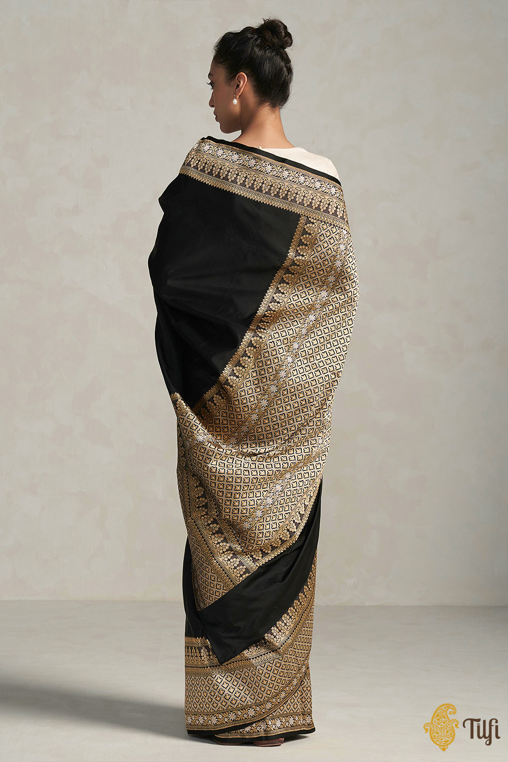 &#39;Uma&#39; Black Pure Soft Satin Silk Banarasi Handloom Saree
