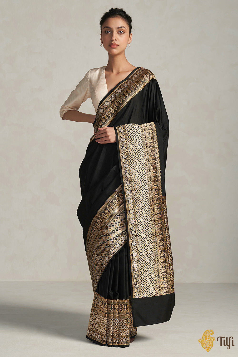 Mignight Black Woven Banarasi Satin Silk Saree main image 1