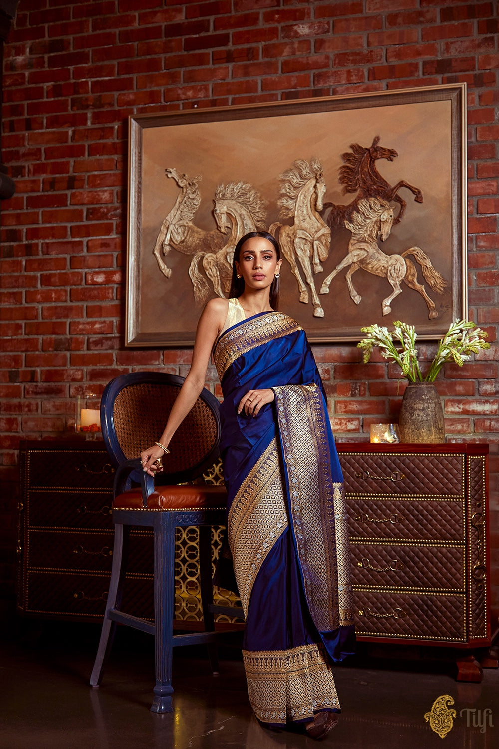 &#39;Uma&#39; Midnight Blue Pure Soft Satin Silk Banarasi Handloom Saree