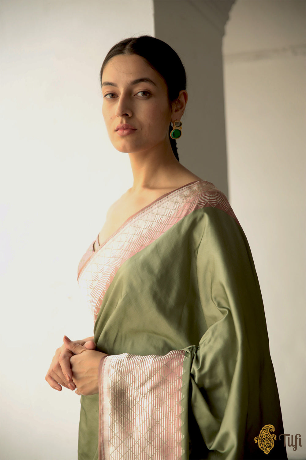 Sage Green Soft Satin Silk Banarasi Handloom Saree
