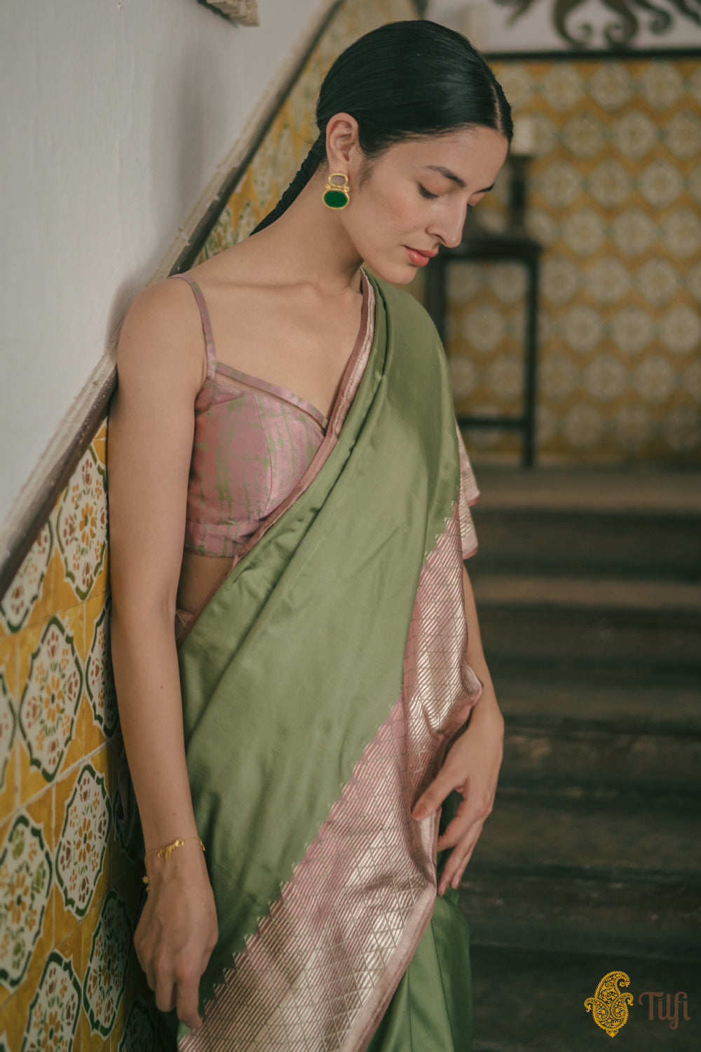 Sage Green Soft Satin Silk Banarasi Handloom Saree