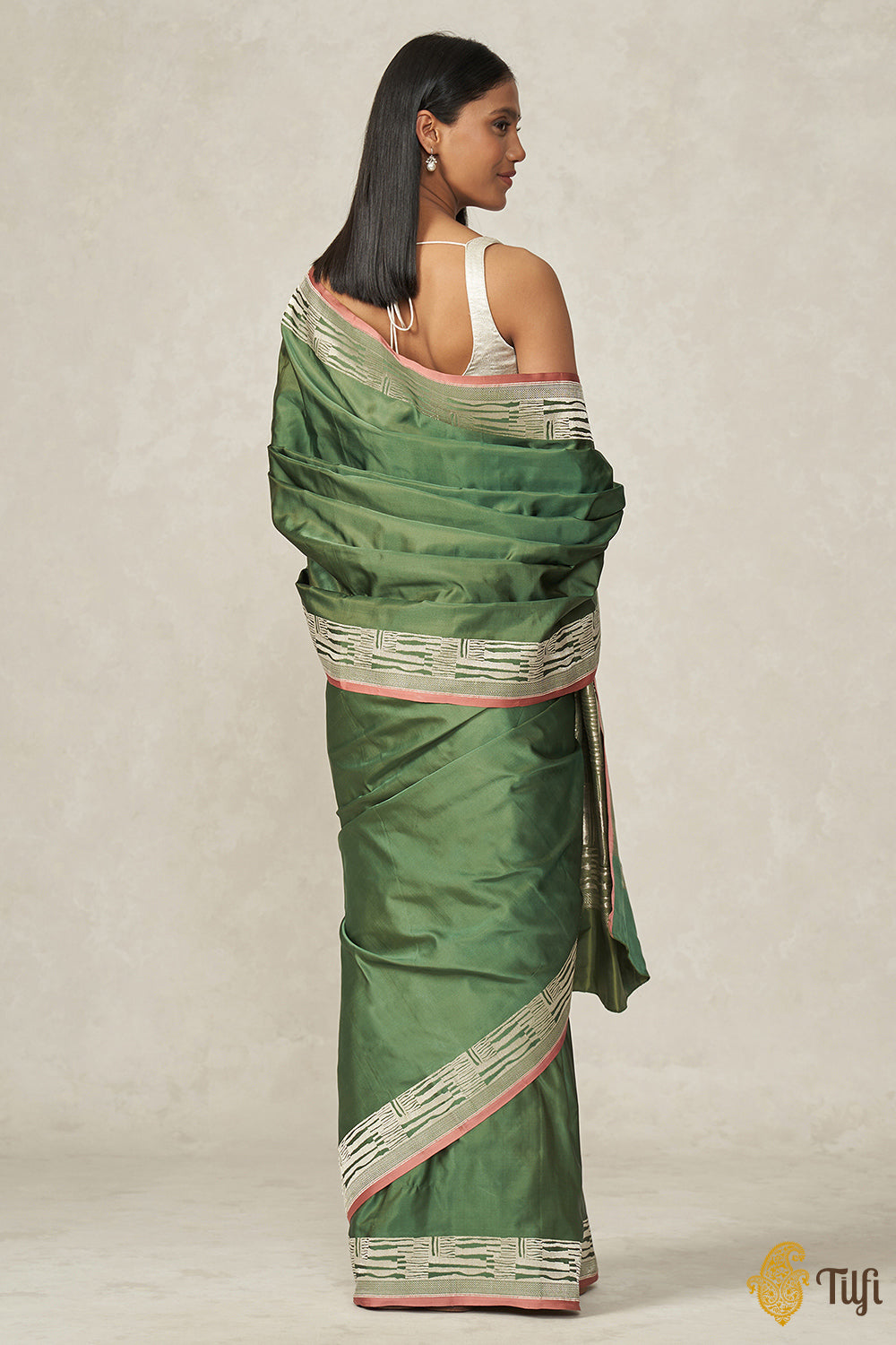 &#39;Shovana&#39; Mossy Green Pure Soft Satin Silk Banarasi Handloom Saree