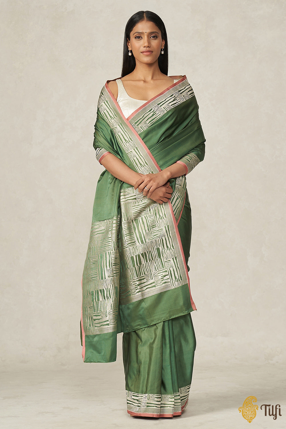 &#39;Shovana&#39; Mossy Green Pure Soft Satin Silk Banarasi Handloom Saree
