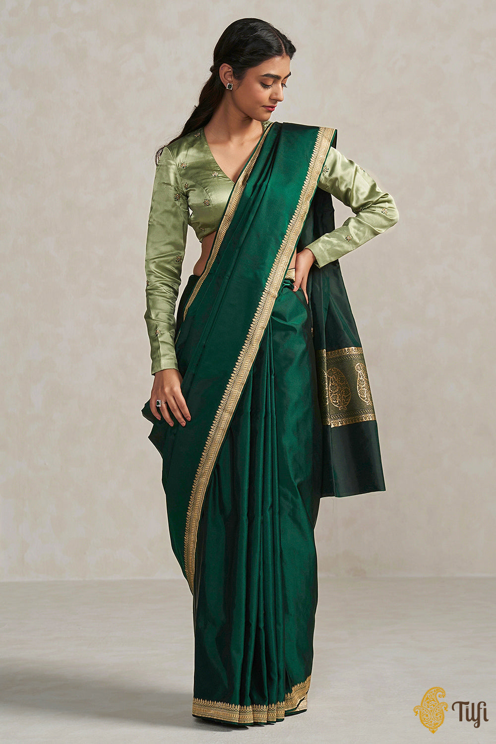 Dark Green Pure Soft Satin Silk Banarasi Handloom Saree