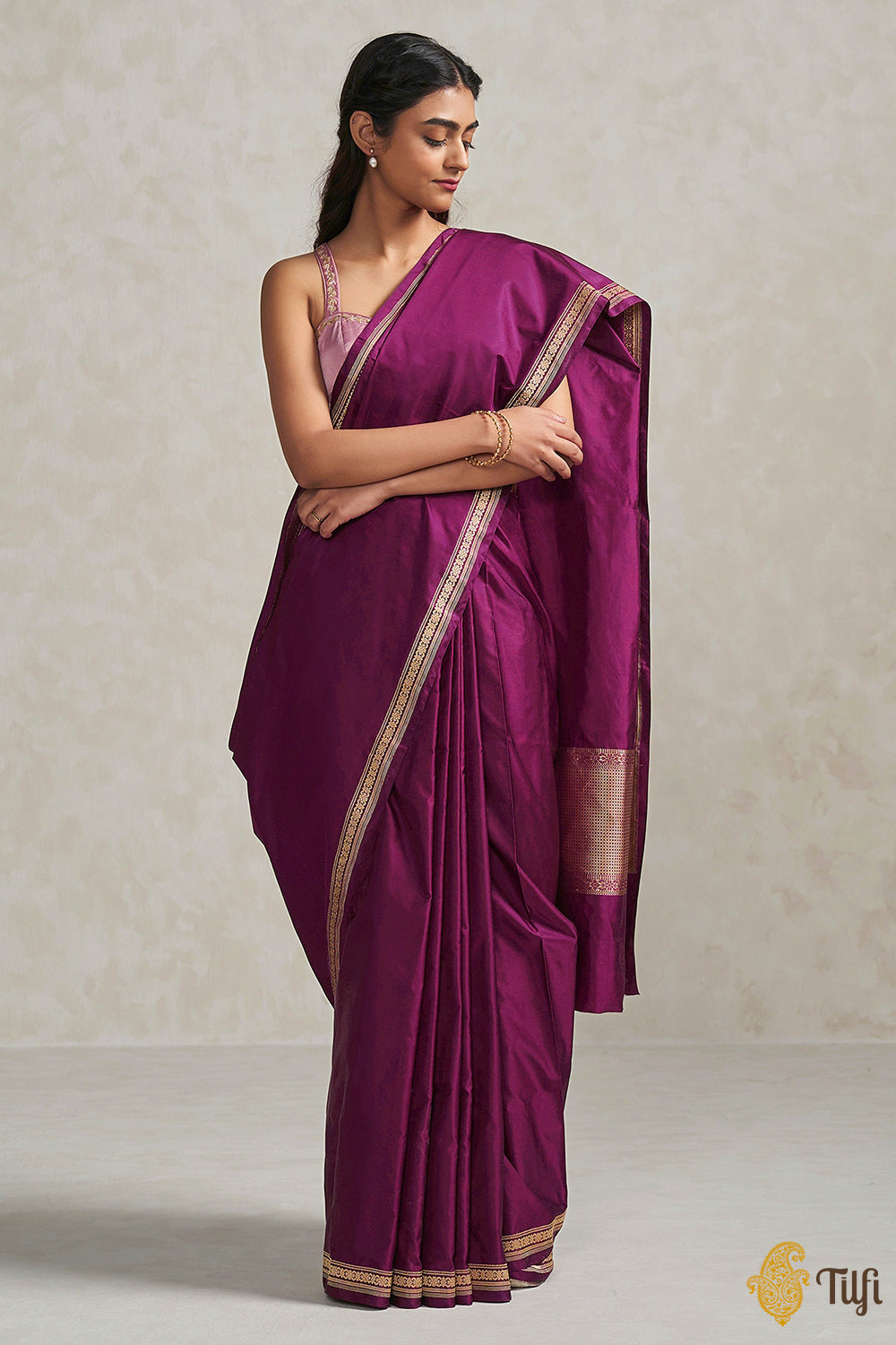 &#39;Preshti&#39; Deep Magenta Pure Soft Satin Silk Banarasi Handloom Saree