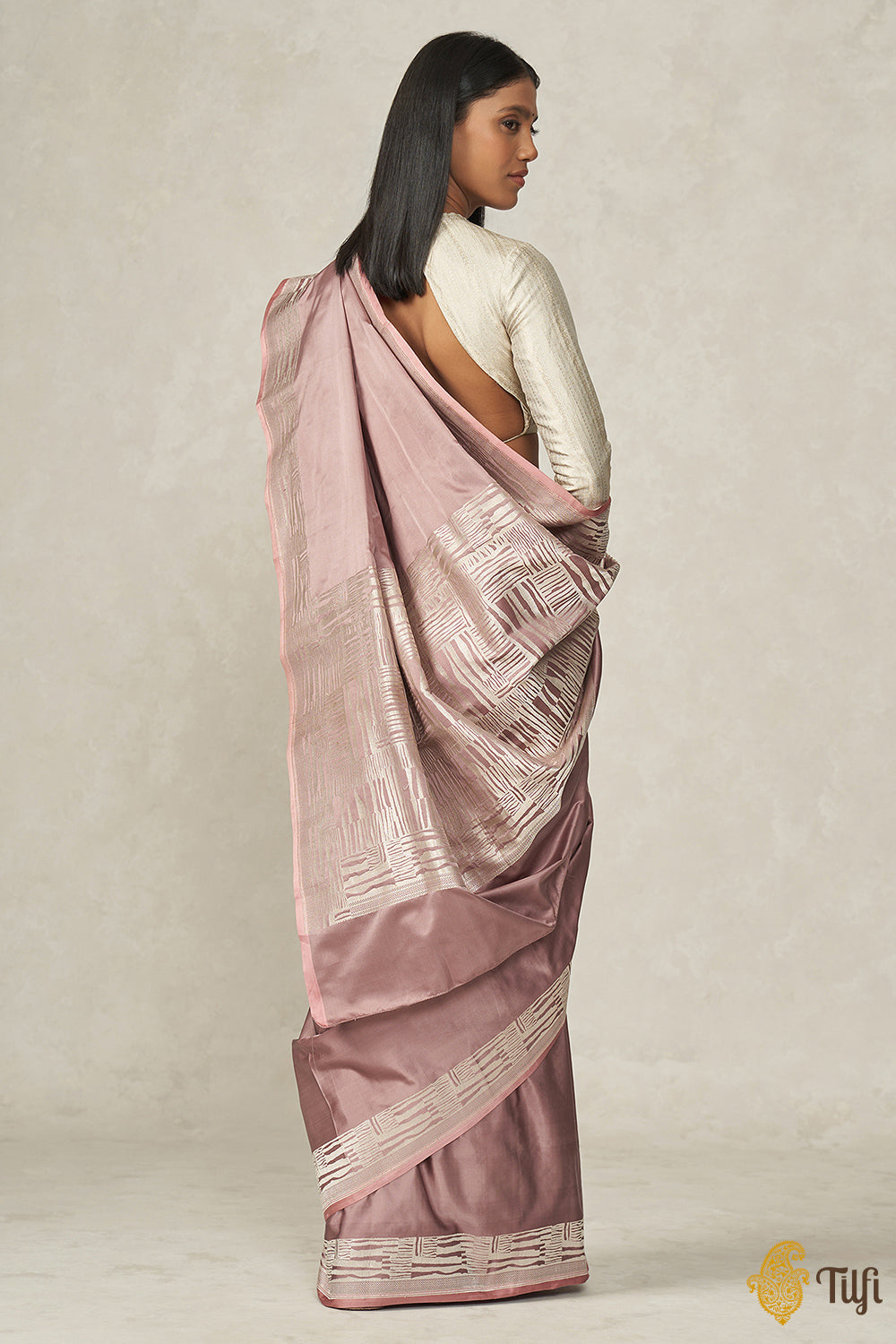 &#39;Shovana&#39; Rose Gold Pure Soft Satin Silk Banarasi Handloom Saree
