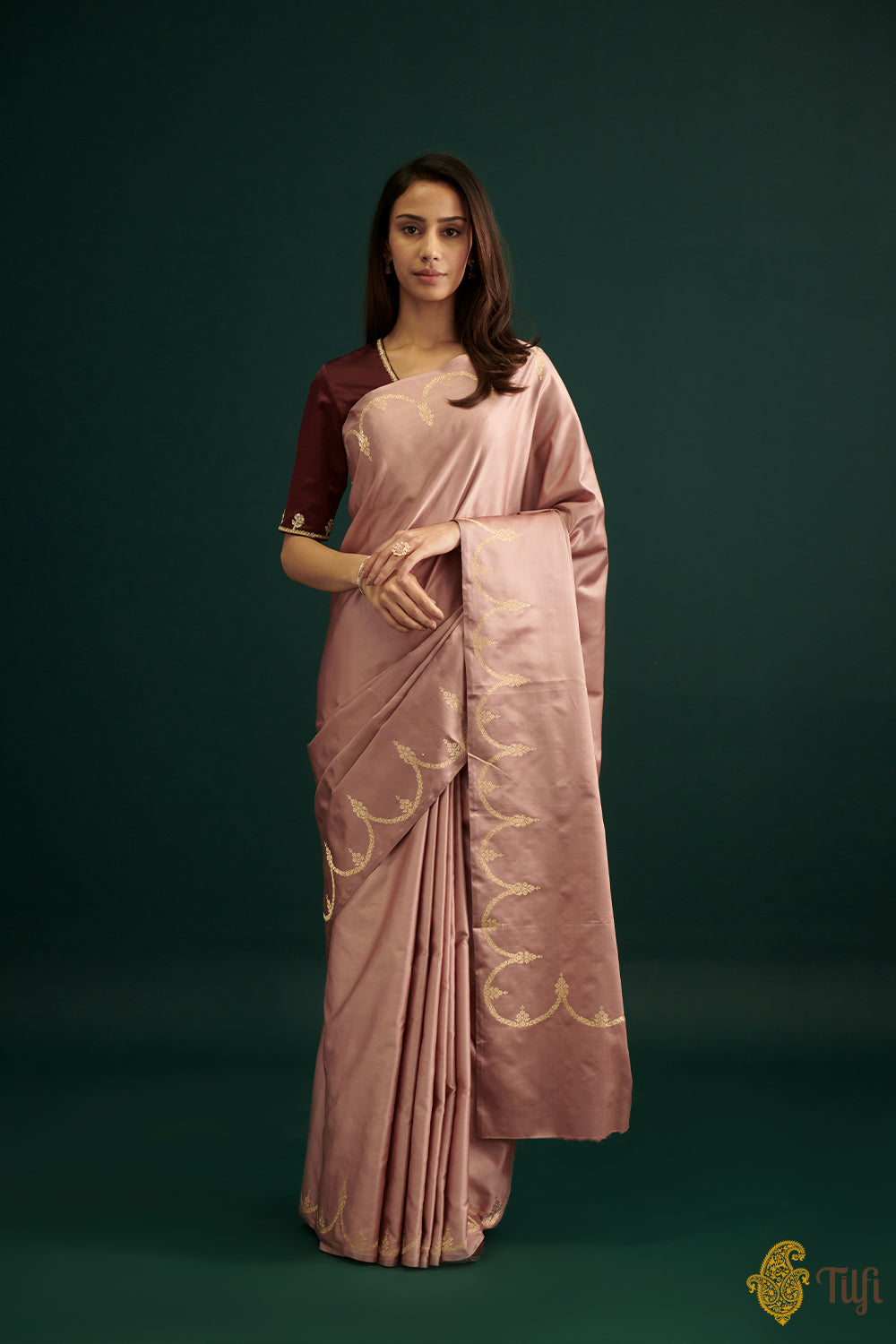 Rose Pink Pure Satin Silk Banarasi Handloom Saree