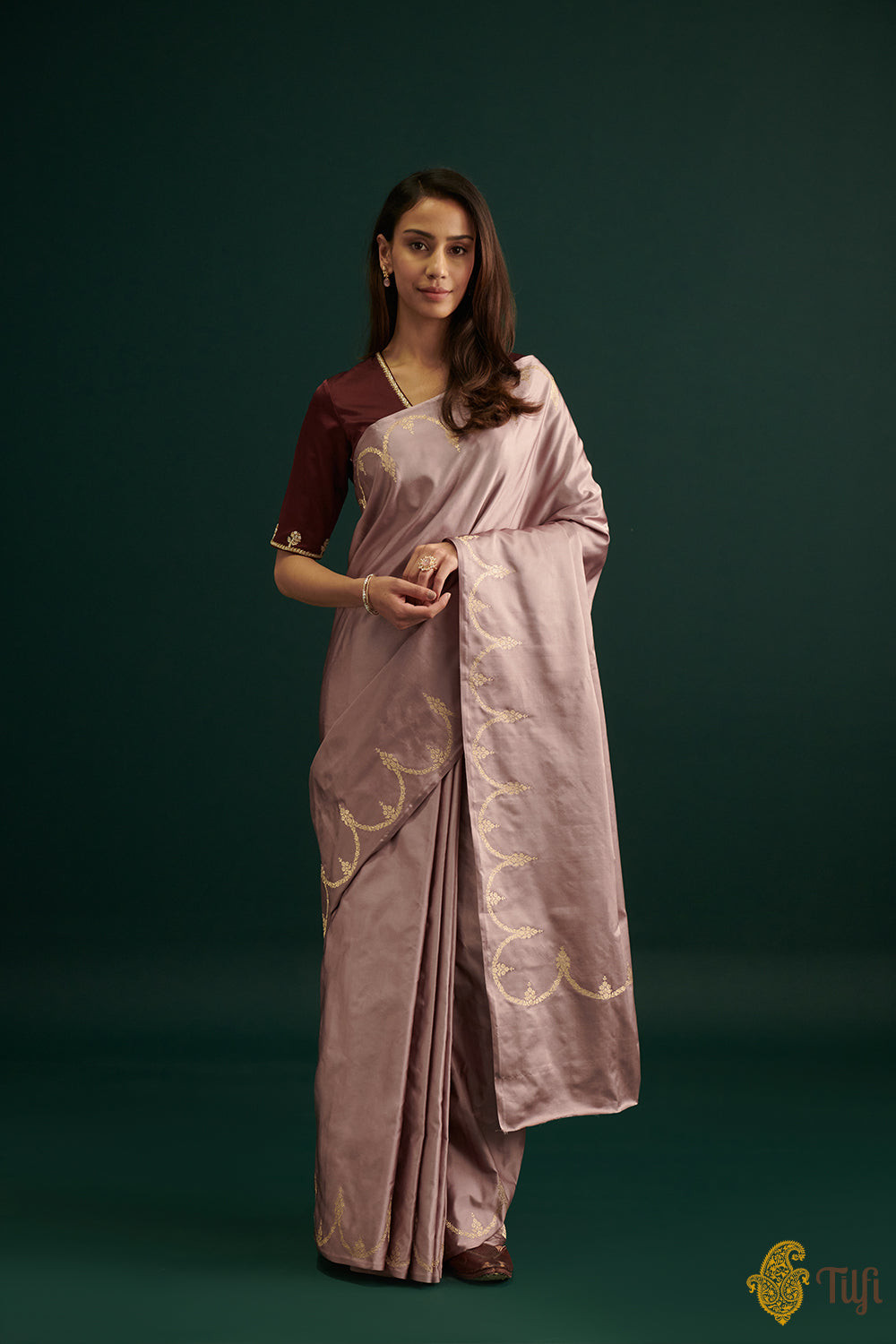 Pastel Mauve Pink Pure Satin Silk Banarasi Handloom Saree